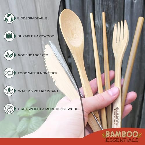 Travel Utensils with Case Set Fork, Knife, Spoon, Chopsticks, Straw, Straw-cleaning brush, Travel Pouch and Carabiner, Excellent For Everyday Use! ((2 Sets) Midnight Black/Sunset Red)