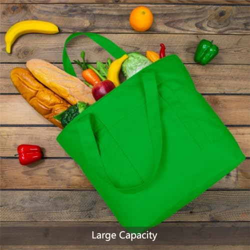 TOPDesign 6-Pack Canvas Tote Bags with an External Pocket, Reusable Grocery Shopping Bags, Top Zipper Closure, Daily Essentials (Lime Green)