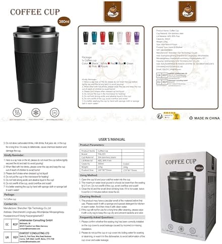 YINJOYI 12oz Travel Coffee Cups Insulated Tumbler Thermal Mug to Go with Lid Leak Proof Reusable Stainless Steel Coffee Mug Spill Proof for Hot and Iced Cold Drinks (White, 380ml)