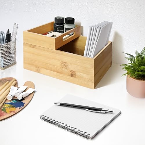 HOMESTEAD 3-Piece Stackable Bamboo Storage Box, Large Storage Bin, Wooden Boxes for Makeup Drawer Organizer Bathroom, Office Supplies, Kitchen Utensils, Bamboo Storage Containers (Medium)