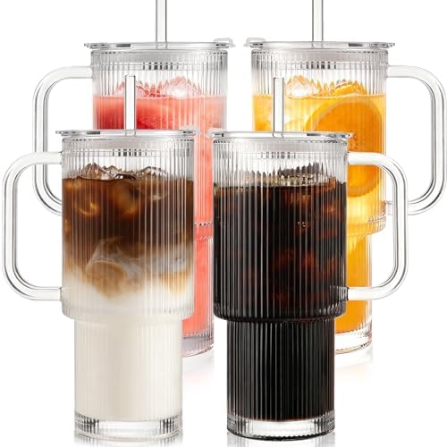 Iced Coffee Cups with Lids: Coffee Bar Accessories - Ribbed Glass Tumbler with Straw and Lid 4 Pack - 24oz Tumbler Leak Proof - Glass Cups Tumbler with Lid and Straws - Coffee Tumbler with Handle700ml