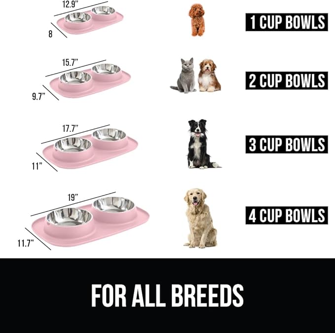 GORILLA GRIP Feeding Mat Set, Patent Pending 100% Waterproof BPA Free Silicone, Stainless Steel Cat and Dog Bowls, Slip Resistant, High Edges Catch Water, Food, US Designed Pet Accessories, 1 Cup Pink