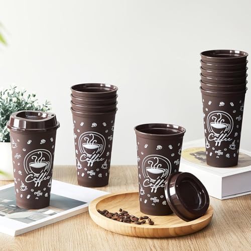 6 Sets Reusable Coffee Cups with Lids, 16oz, Brown