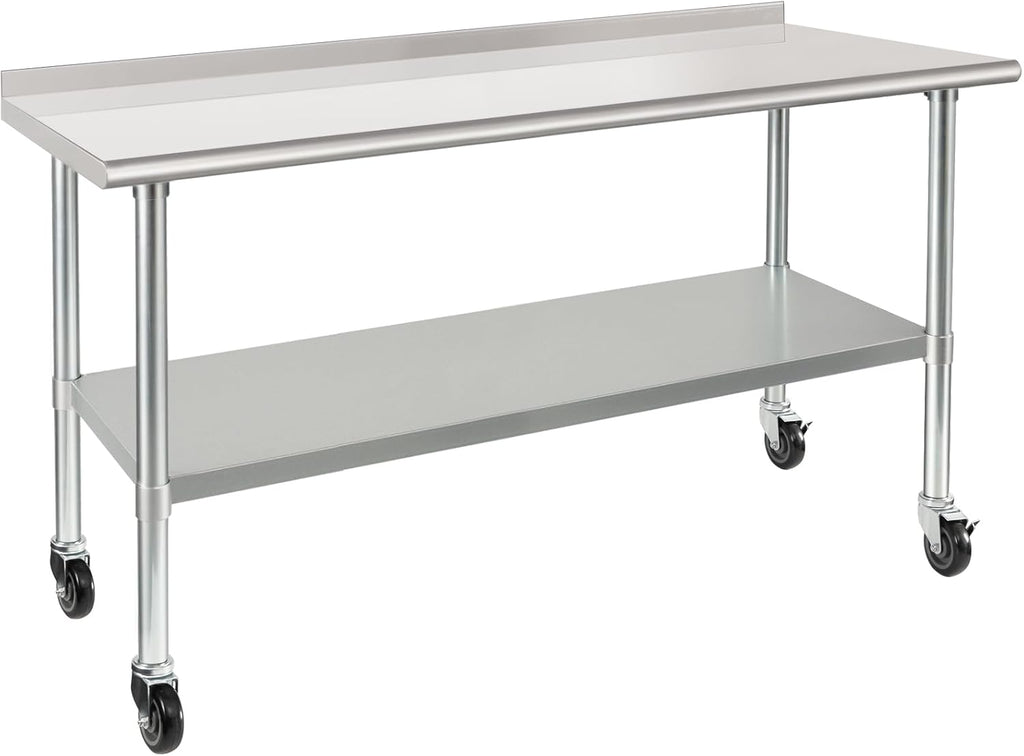 HARDURA Stainless Steel Table 24 x 60 Inches with Wheels Casters NSF Heavy Duty Commercial Prep Table with 2” Backsplash and Adjustable Undershelf for Restaurant Kitchen Home and Hotel