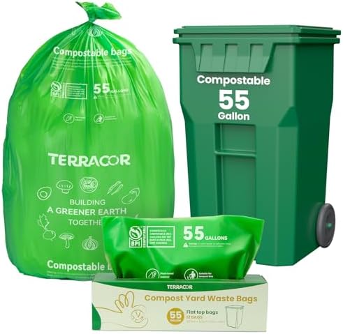 55-60 Gallon Compostable Trash Bags Liners, Heavy Duty Extra Thick 1.57 Mil, 208.2 Liter, 12 Bags, Lawn, Yard, and Restaurant Use, ASTM D6400, US BPI Certified