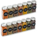 6oz, BEST VALUE 14 Large Glass Spice Jars includes pre-printed 126 Chalkboard Spice Labels plus 113 PVC Clear Labels. 14 Square Empty Jars, Airtight Cap, kitchen Funnel Pour/Sift Shakers
