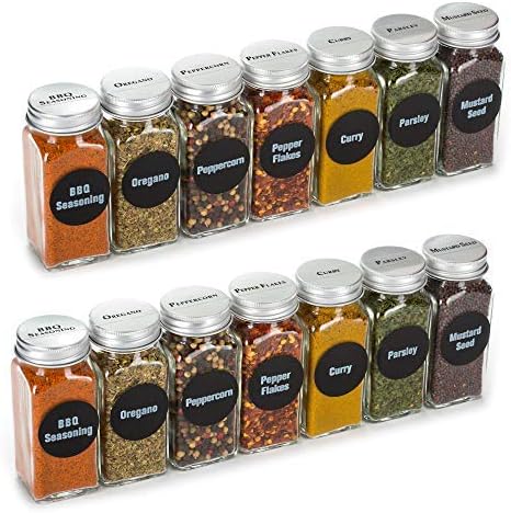 6oz, BEST VALUE 14 Large Glass Spice Jars includes pre-printed 126 Chalkboard Spice Labels plus 113 PVC Clear Labels. 14 Square Empty Jars, Airtight Cap, kitchen Funnel Pour/Sift Shakers