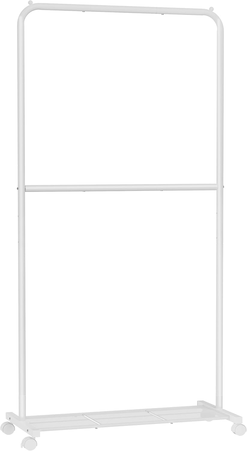 SONGMICS Clothes Rack with Wheels, Double-Rod Clothing Rack for Hanging Clothes, 25.4mm Metal Garment Rack with Dense Mesh Storage Shelf, 110 lb Load Capacity, 2 Brakes, White UHSR027W01