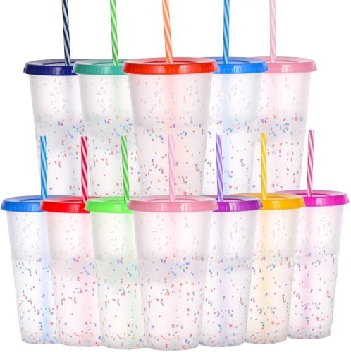 Color Changing Cups, 12 Pack 24oz Plastic Tumblers, Reusable Iced Coffee & Smoothie Cups with Lids and Straws for Parties and Travel (Rainbow, 12 Pack)