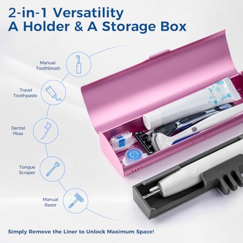 Aluminum Electric Toothbrush Travel Case, 2 in 1 Travel Toothbrush Holder for Oral B/Oral-B Pro 1000 1500 5000 and Most Electric Toothbrush for Traveling, Removable Silicone Liner-Pink