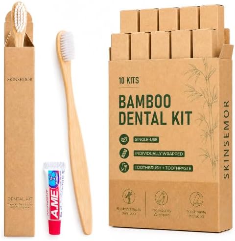 Disposable Travel Toothbrushes with Toothpaste, 10 Individually Wrapped Single Use Bamboo Toothbrush Kits for Trips, Camping, Overnight Stays, Guests and Home Backup