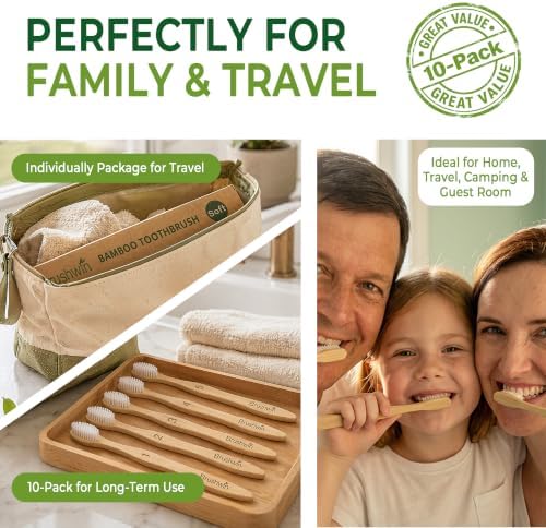 10 Pack Plastic Free Bamboo Toothbrush, Plant-Based Soft Bristle Biodegradable Eco-Friendly Wooden Toothbrushes for Adults and Family