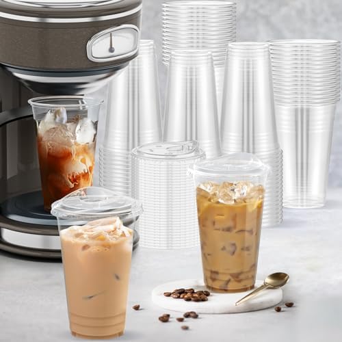 Dealusy 100 Pack - 24 oz Clear Plastic Cups with Sip Lids