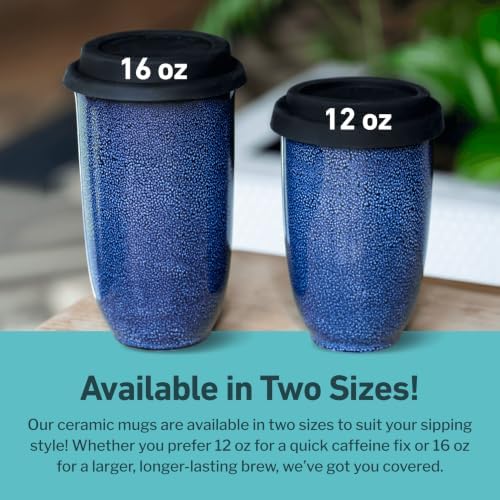 NOVA CERAMICS Coffee Tumbler – Travel Mug - On the Go Coffee Mug – Microwave & Dishwasher Safe Green Coffee Tumbler - Gifts For Women Men Him Her – 16oz – Abyss