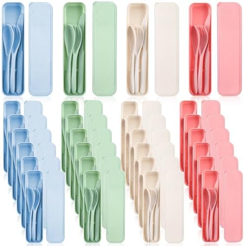 Reusable Utensils Set with Case, 28 Sets Wheat Straw Lunch Utensil Set, Portable Spoon Fork Knife Cutlery for Travel Camping Picnic Office Bento Box, Eco-Friendly BPA Free Tableware