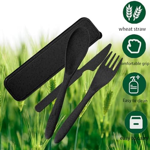 2Pack Black Wheat Straw Utensils, BPA Free Fork Spoon Knife with Case