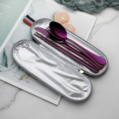 DEVICO Travel Utensils with Case, 5 Piece Portable Silverware Set for Work