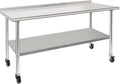 HARDURA Stainless Steel Table with Wheels 30X72 Inches NSF Heavy Duty Commercial Prep Table with 2” Backsplash and Adjustable Undershelf for Food Prep