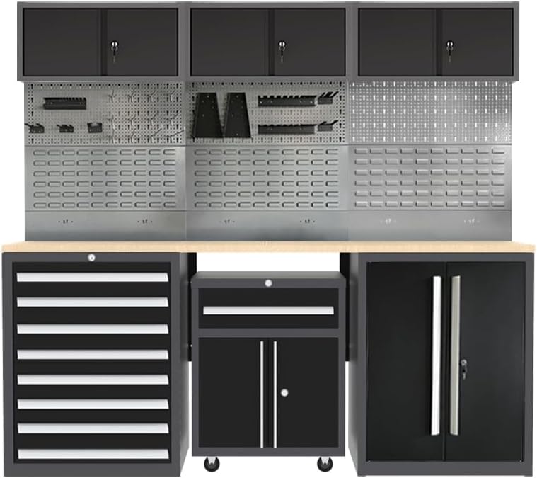 JZD Metal Garage Tool Cabinet Set System with Wooden Tabletop, for Workshop Auto Repair Shop, Wall Mounting Not Necessary