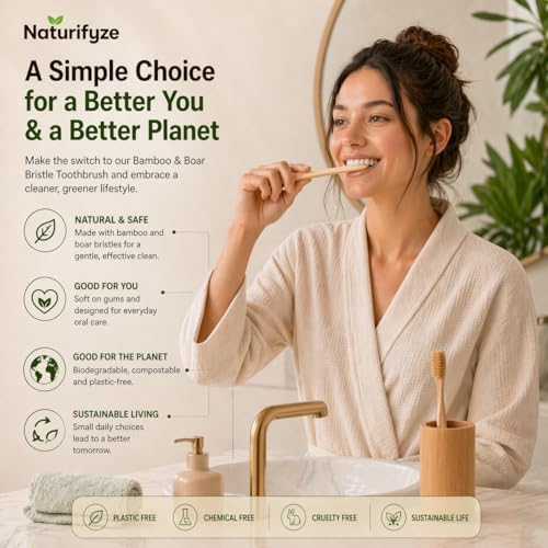 Boar Bristle & Bamboo Toothbrush (4 Pack) - Authentic Boar Bristles - Biodegradable - Plastic Free - Bamboo & Boar Bristle
