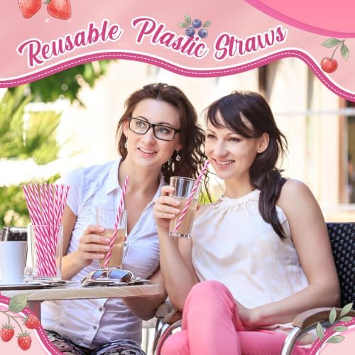 Honeydak 50 Pcs Reusable Plastic Straws Bulk,Rose Red Stripe