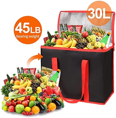 Bodaon 2-Pack Insulated Reusable Grocery Shopping Bags, X-Large Picnic Cooler Bag with Zipper Zippered Top Cold, Black with Red Edge