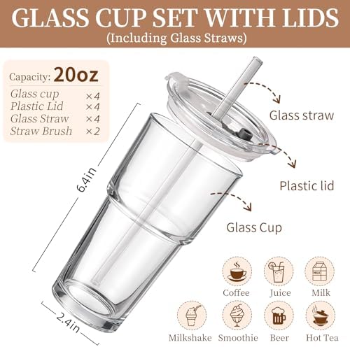 Iced Coffee Cups with Lids: Coffee Bar Accessories - Tumbler Leak Proof for To Go Iced Coffee Cup with Lid 4Pack - 20 oz Glass Cup with Lid and Straws - Thickened Glass Tumbler with Straw and Lid600ml