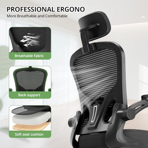 Office Chair Ergonomic Desk Chair, 330LBS Capacity, High Back Computer Chair for Long Hours Comfortable, Rolling Swivel Executive Task Chair for Home Office with Flip-up Armrests, Black