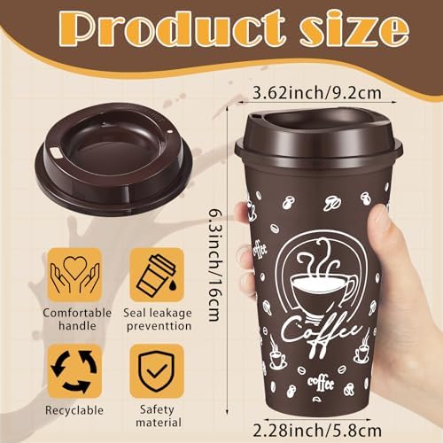 6 Sets Reusable Coffee Cups with Lids, 16oz, Brown