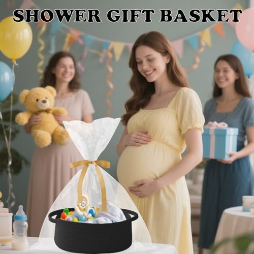 Black Woven Rope Basket - Baby Gift Basket with Bag & Ribbon