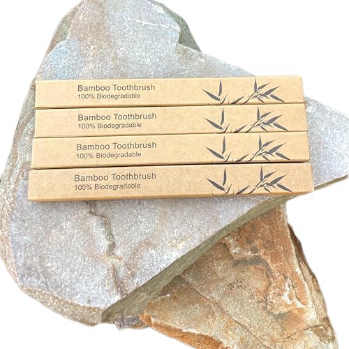 Adult Natural Bristle Toothbrush [4-Pack], Castor Bristles, 100% Biodegradable, Plant Based Bristles and Bamboo Handle