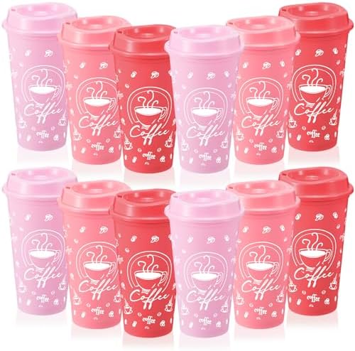 12 Sets Reusable Coffee Cups with Lids, 16oz, Pink Series