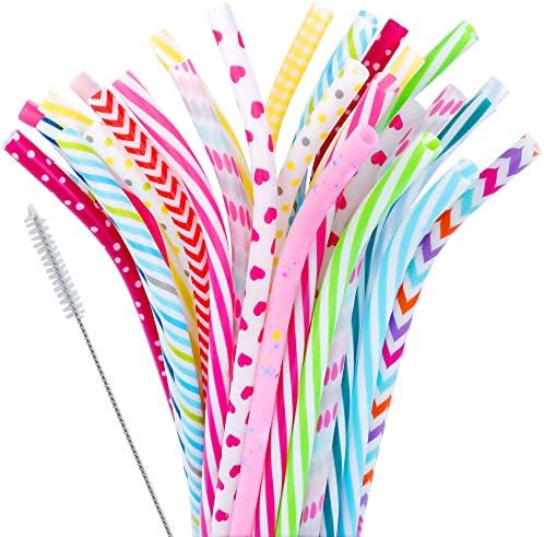 JANYUN 30 Pcs Reusable Plastic Straws, Colorful Printing Hard Plastic Straw