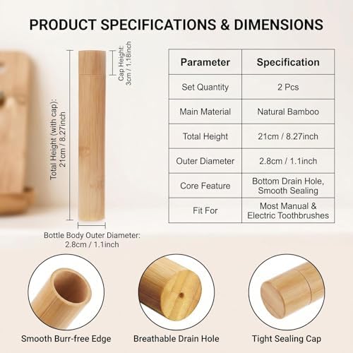 2 PCS Bamboo Toothbrush Travel Case, Portable Toothbrush Holder, Compact Reusable Manual Toothbrush Box for Traveling Camping Business Trip Bathroom