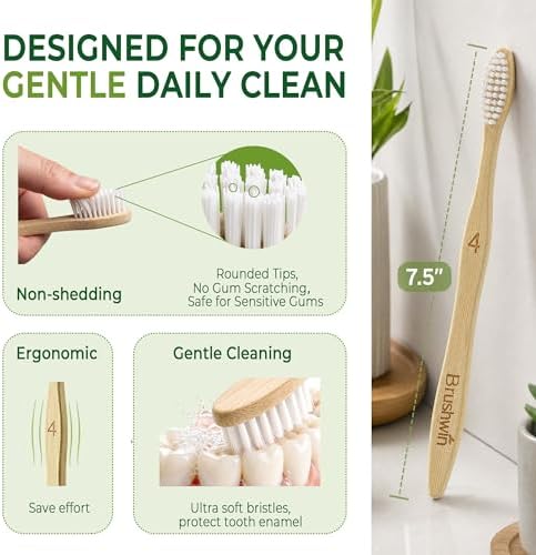 10 Pack Plastic Free Bamboo Toothbrush, Plant-Based Soft Bristle Biodegradable Eco-Friendly Wooden Toothbrushes for Adults and Family