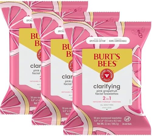 Burt's Bees Pink Grapefruit Face Wipes, for All Skin Types, Hydrating Makeup Remover & Facial Cleansing Towelettes, 30 Ct. (3-Pack)