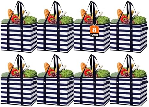 Reusable Grocery Bags 8 Pack, Foldable & Water Resistant Shopping Bags