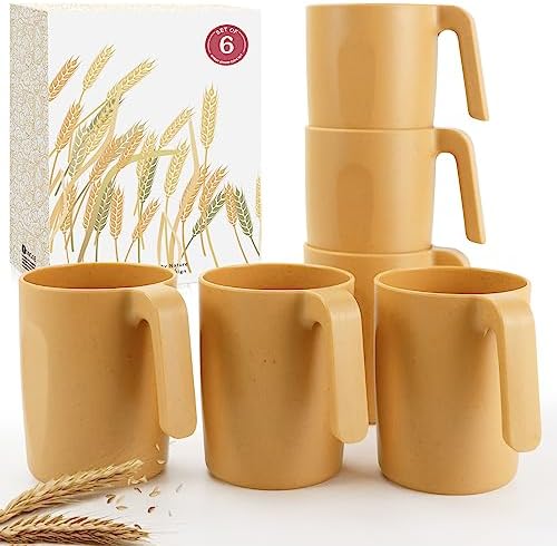 Wrova 16oz Wheat Straw Cups with handles set of 6-Plastic Cups Reusable-Unbreakable Kids Mugs-Dishwasher Safe & Microwave Safe-Ideal Mugs for Tea,Coffee,Camping,RV-Banana Yellow