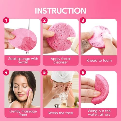 GAINWELL 50-Count Compressed Facial Sponge for Daily Facial Cleansing and Exfoliating, 100％ Natural Cosmetic Spa Sponges for Makeup Remover, Reusable, Pink
