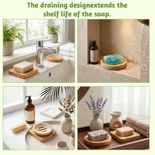2 Pcs Bamboo Soap Dish Holders, Shower Steamer Holder, Round Natural Wooden Soap Trays, Rustic Bathroom Accessories for Kitchen Bathroom Accessories(Round and Square)