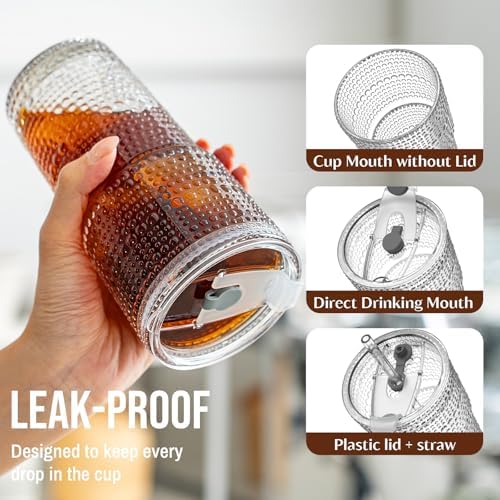 SoulTimes 20oz Hobnail Glass Tumbler with Bamboo Lids and Straws - Iced Coffee Glass Cups for Smoothie, Matcha, Juice, Water etc. Leakproof and Reusable Glassware Drinking for Travel To Go [2 Pcs]