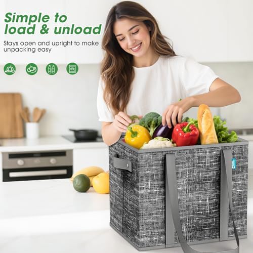 Fab totes Reusable Grocery Bags, Large Foldable Shopping Tote Bags with Reinforced Handles & Hard Bottom,6 Pack, Black