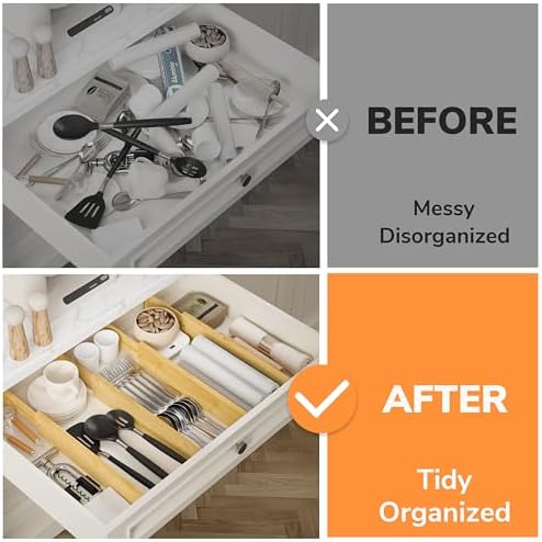 BAMEOS Bamboo Expandable Drawer Dividers – Fits 16.65"–22" Drawers, 3" Deep Walls, Set of 4 | Taller Spring-Loaded Separator Keeps Items Upright in Kitchen & Dresser Drawers