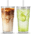 SoulTimes 20oz Begonia Flower Glass Tumbler with Bamboo Lid and Straw–Iced Coffee Glasses Cups for Smoothie, Matcha, Juice, Water etc. Leakproof and Reusable Glassware Drinking for Travel To Go [2Pcs]