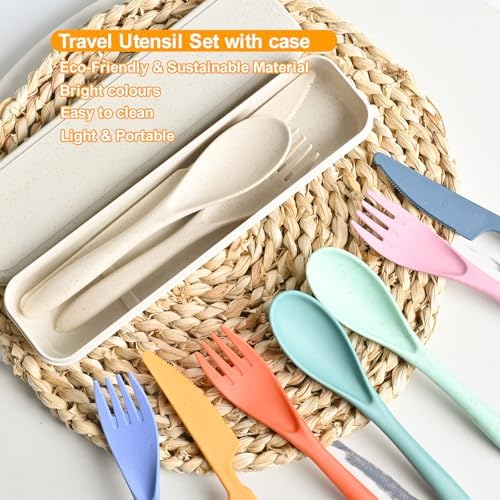 Travel Utensils with Case, 12 Sets Camping Utensil Sets, Wheat Straw Portable Knife Fork Spoons Tableware, Reusable Utensils for Lunch Box (Multi)