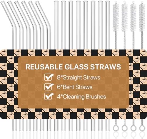 Glass Straws, 18-Pack Reusable Clear Glass Drinking Straws Set
