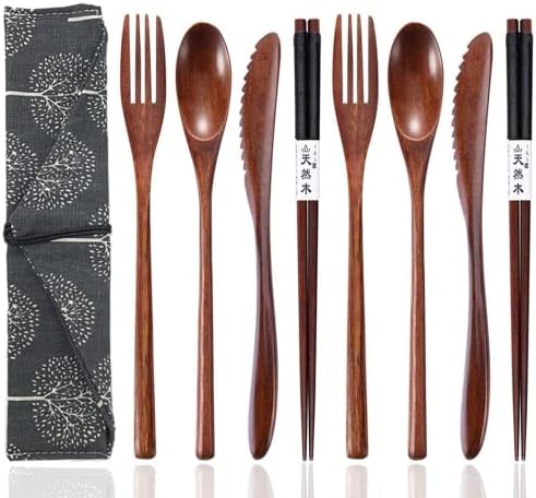 Reusable Wooden Utensils for Eating 8 Pcs Travel Wooden Spoons Forks Chopsticks Cutlery Set with Case Lunch Utensils Silverware Set for Lunch Portable Wood Flatware Set for Eating