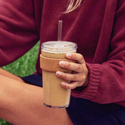KeepCup Cold Cup - Brew Cork Tempered Glass Ice Coffee Tumbler with Recovered Cork Band, Lid and Straw - 16oz (454ml)