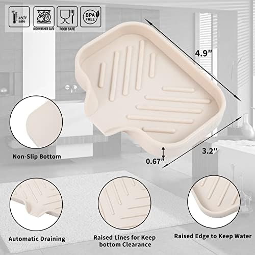 MicoYang Silicone Soap Dish with Drain Spout, Self-Draining Sink Organizer Tray for Bathroom and Kitchen, Sponges, Dispensers and Soap Holder, Non-Slip & Dishwasher Safe, Tapioca (Compact, 4.9"×3.2")