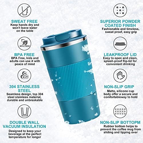 YINJOYI 12oz Travel Coffee Cups Insulated Tumbler Thermal Mug to Go with Lid Leak Proof Reusable Stainless Steel Coffee Mug Spill Proof for Hot and Iced Cold Drinks (Blue, 380ml)